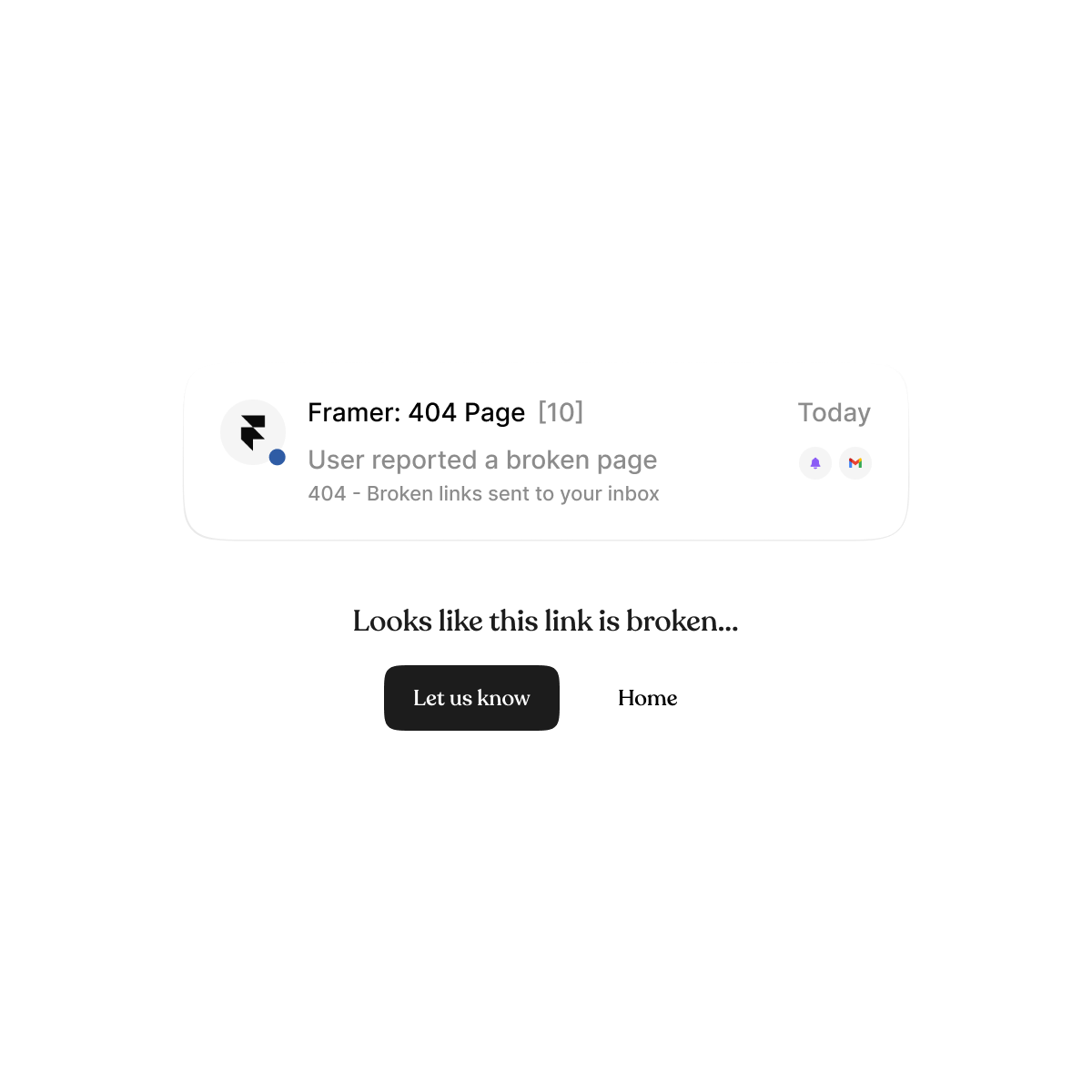 Email notification showing reported 404 broken page with action buttons on dark background