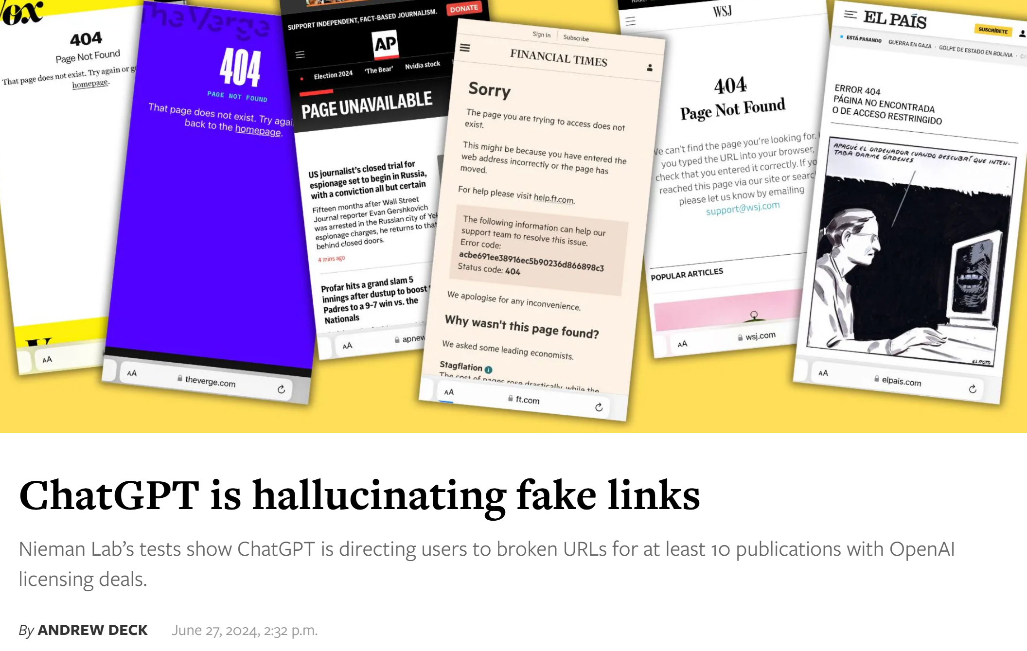 Screenshot showing multiple “Page Not Found” and “Page Unavailable” error pages from different websites, illustrating broken links and missing pages referenced in an article about AI-generated URLs.