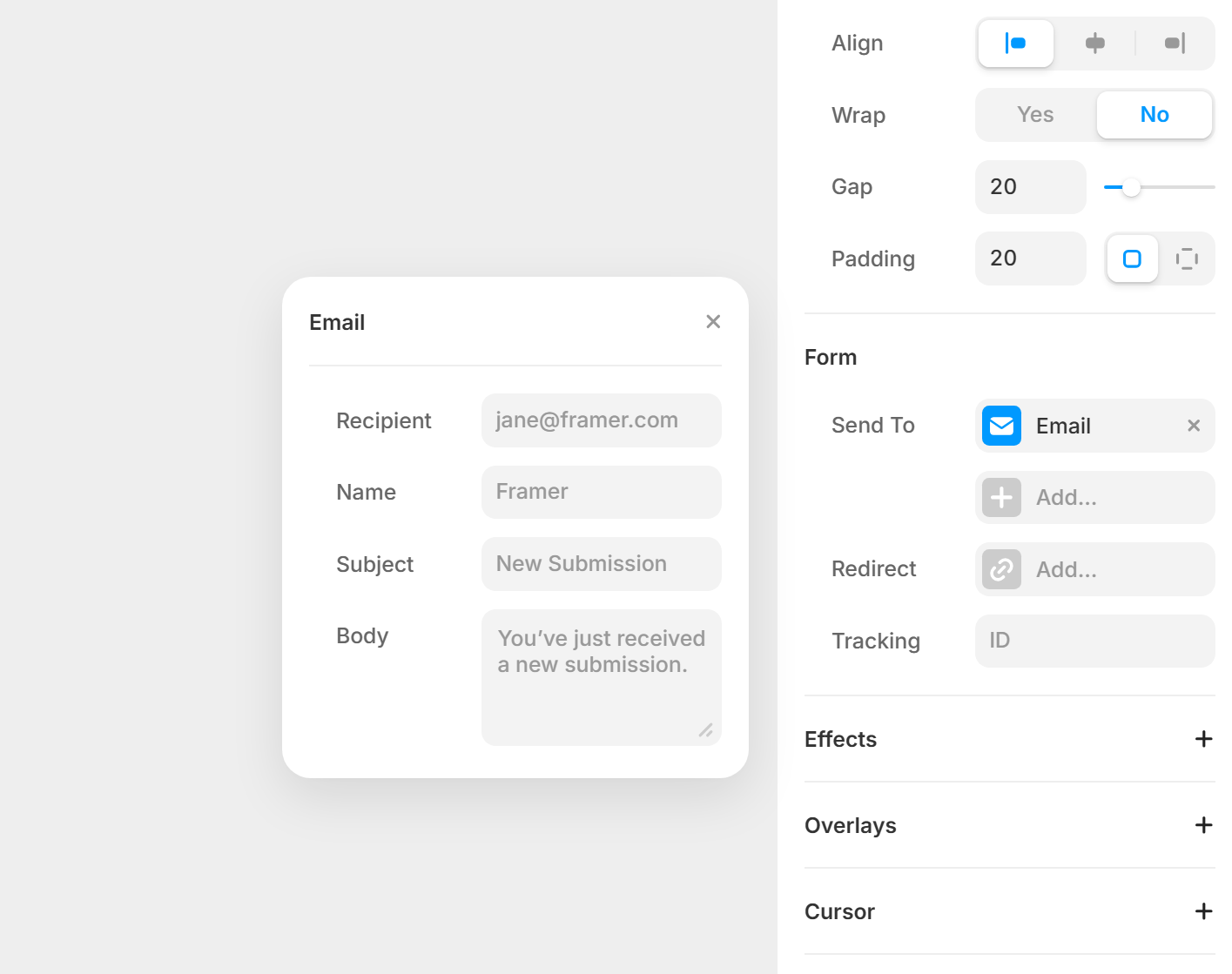 Screenshot of Framer’s Form settings panel displaying email configuration options, including recipient address, subject, body field, and form actions such as email sending, redirect, and tracking.