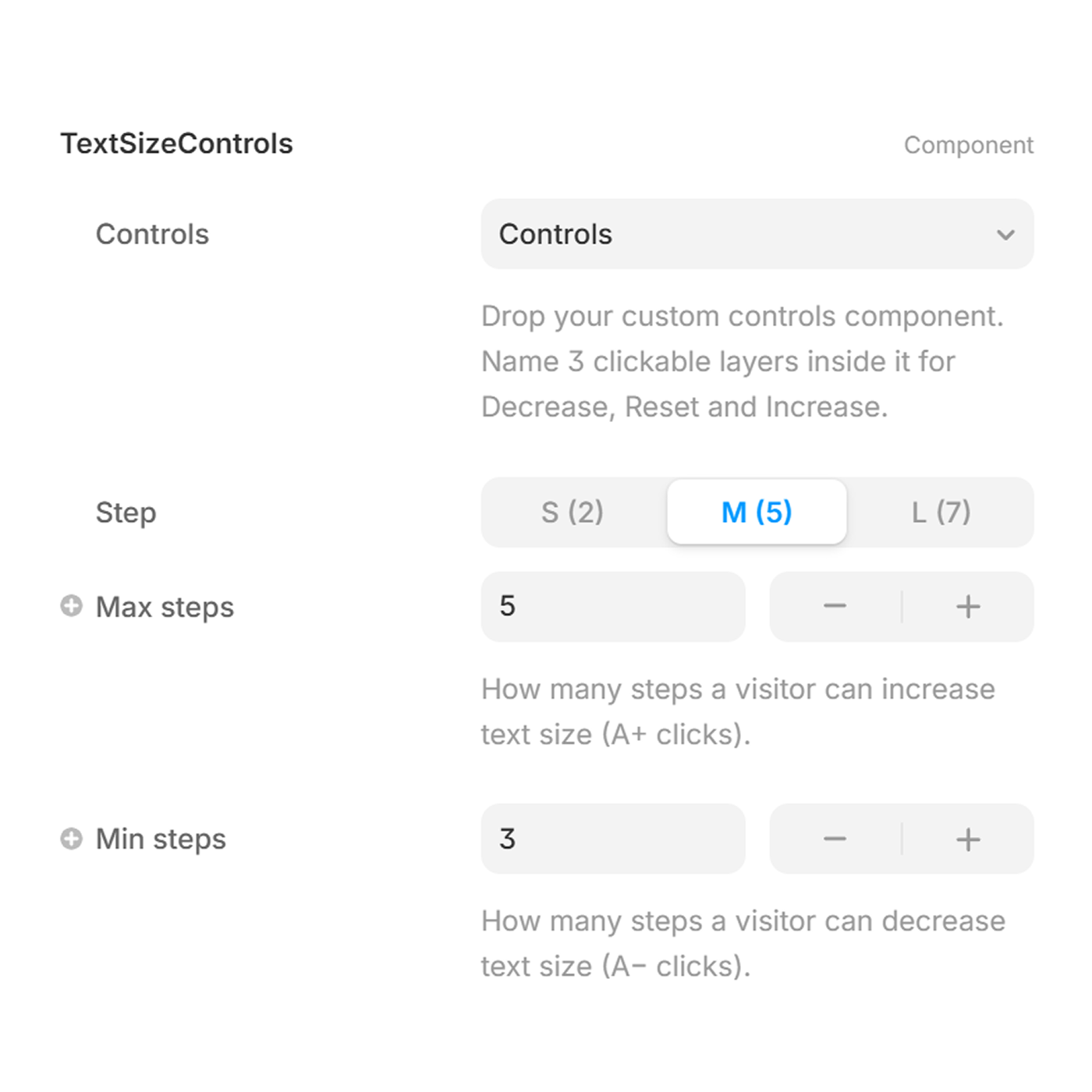 Framer component settings panel showing text size controls, step options, and min max values.