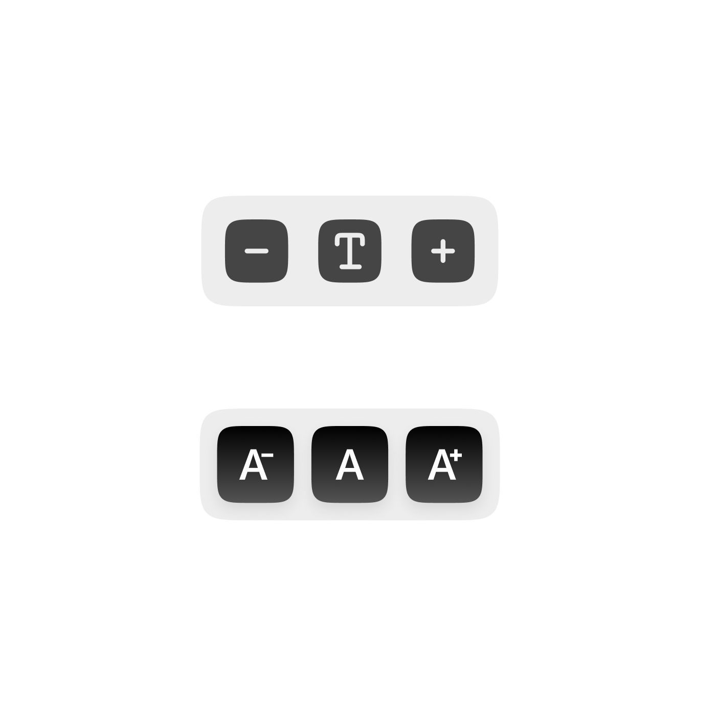 Two text size control button layouts showing minus, reset, and plus icons.