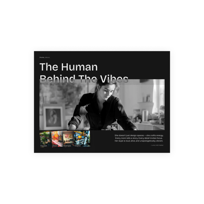 hero section featuring large heading, profile image of designer, testimonial quote, and a row of style thumbnails