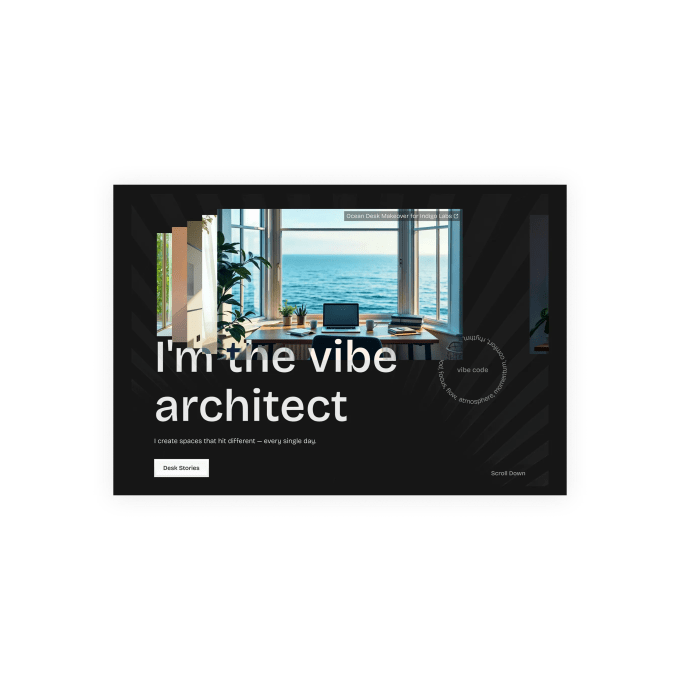 thumbnail of a hero section with stacked image cards, ocean desk view, large heading text, subheading, and call-to-action button