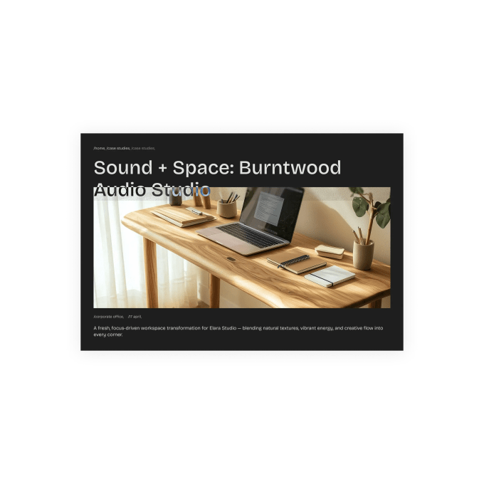 thumbnail of a hero section with project title, featured workspace image, breadcrumbs, and a short project description