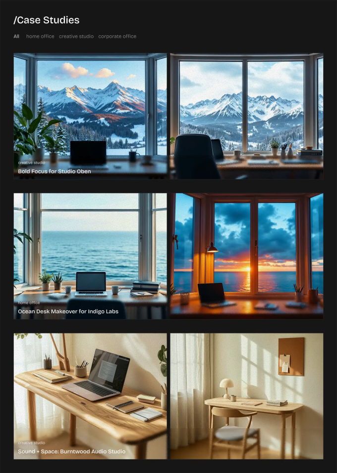 desktop section of a grid of CMS content cards with category filter tabs and visual previews for workspace case studies