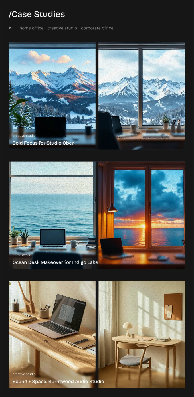 tablet section of a grid of CMS content cards with category filter tabs and visual previews for workspace case studies