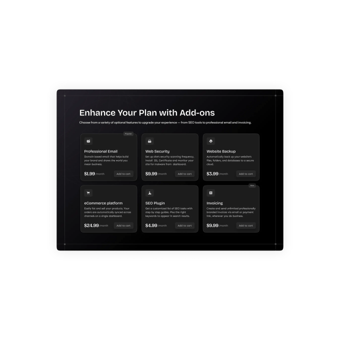 thumbnail of a grid layout of monthly service add-ons with icons, price, and add-to-cart button