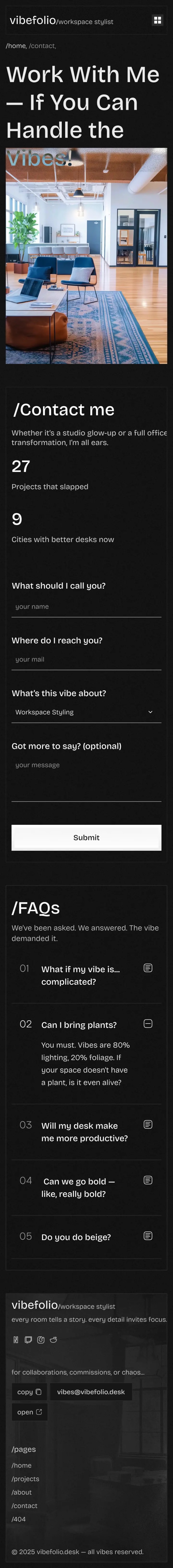 Vibefolio mobile contact — clean Free Framer Template with minimal contact section design.