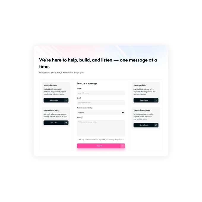 Modern contact form with side action cards and gradient header