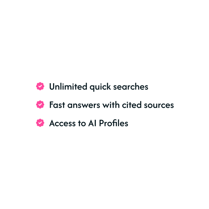 Three-item feature list with pink check icons and bold text on white background