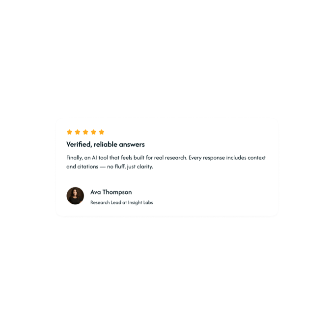 Testimonial card with star rating, quote, and user photo on a white rounded card