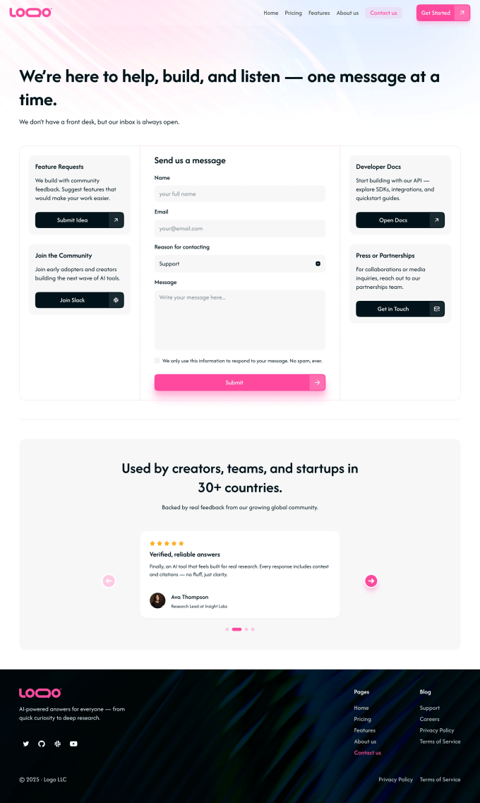 Modern SaaS contact page with message form, feature requests, developer docs, partnerships, and testimonials.