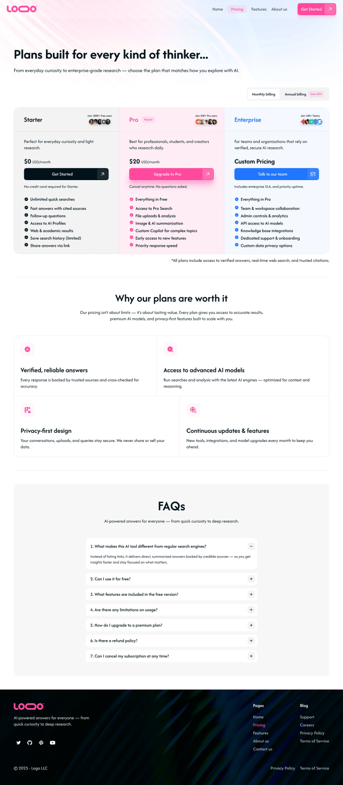 AI SaaS pricing page with Starter, Pro, and Enterprise plans, feature comparison, FAQs, and testimonials.