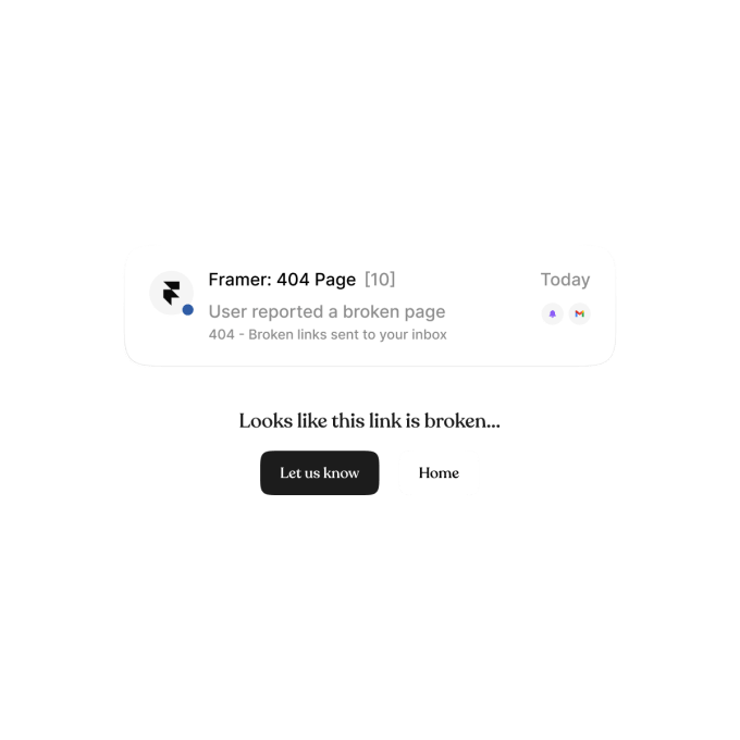 Email notification showing reported 404 broken page with action buttons on dark background