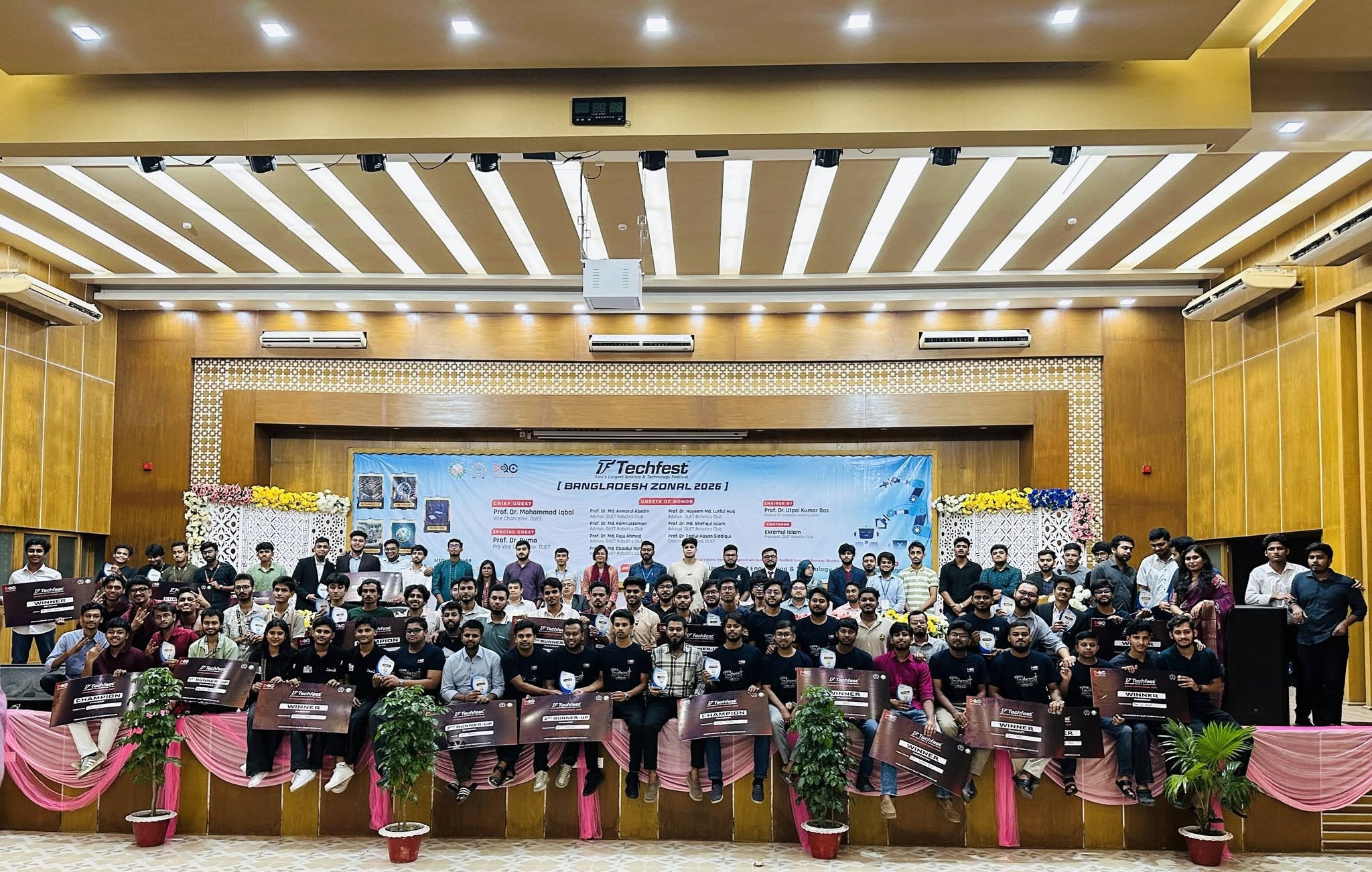 Group photo with the winners, teachers and members of the DUET Robotics Club after the Techfest Bangladesh Zonal 2026 prize-giving ceremony