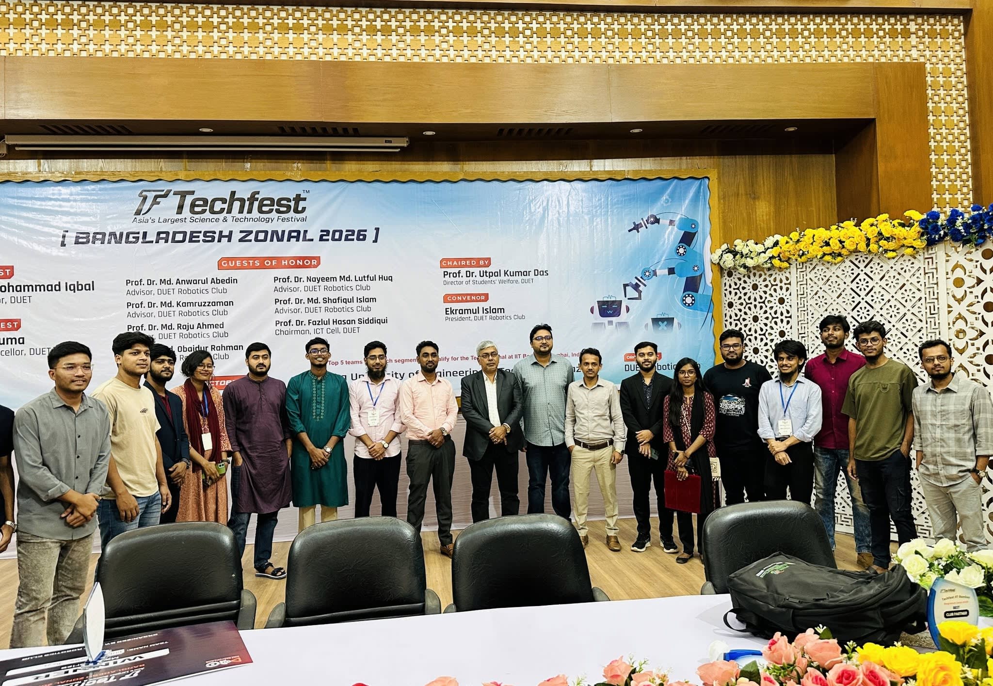 Group photo on stage at Techfest Bangladesh Zonal 2026 with the honourable Vice-Chancellor of DUET, Prof. Dr. Mohammad Iqbal, sir