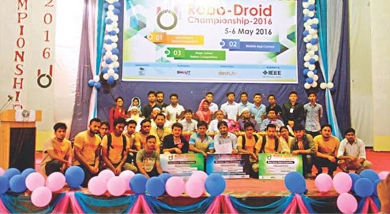 Winners of all three contests on stage at the Robo-Droid Championship 2016 prize-giving ceremony, RUET