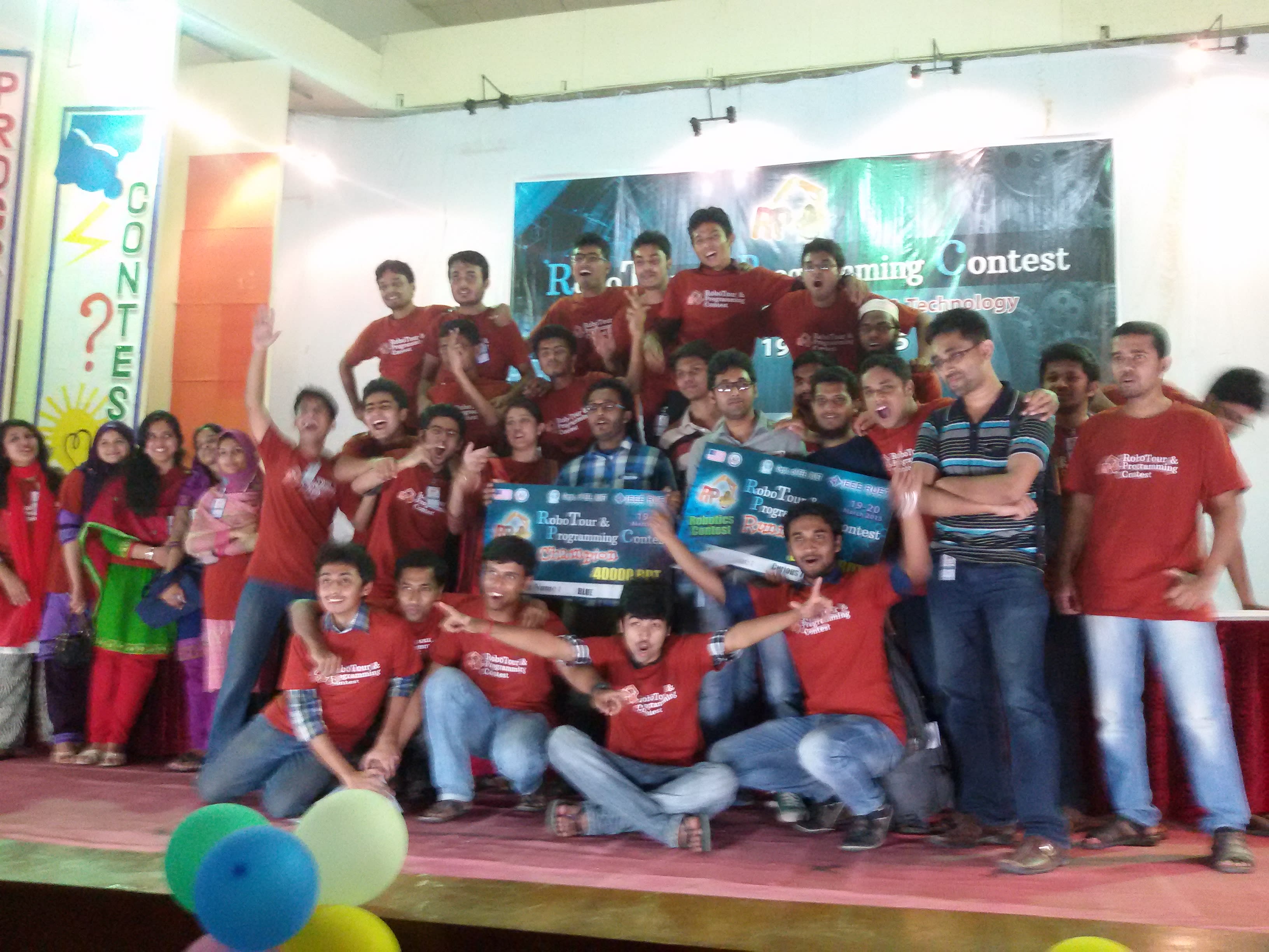 Winners and organisers celebrating at the RoboTour & Programming Contest 2015 prize-giving ceremony