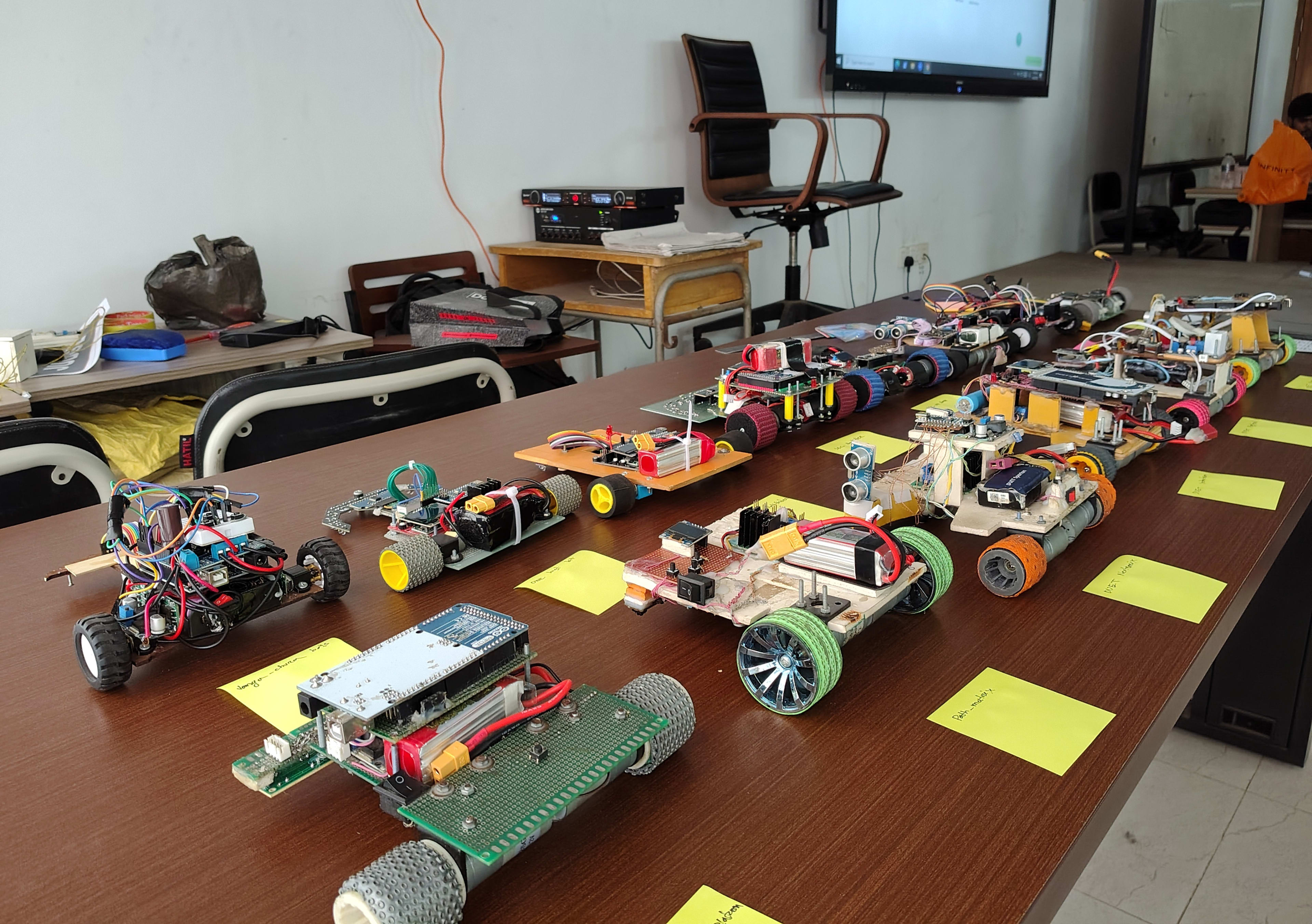 Competition robots lined up for evaluation at the zonal round