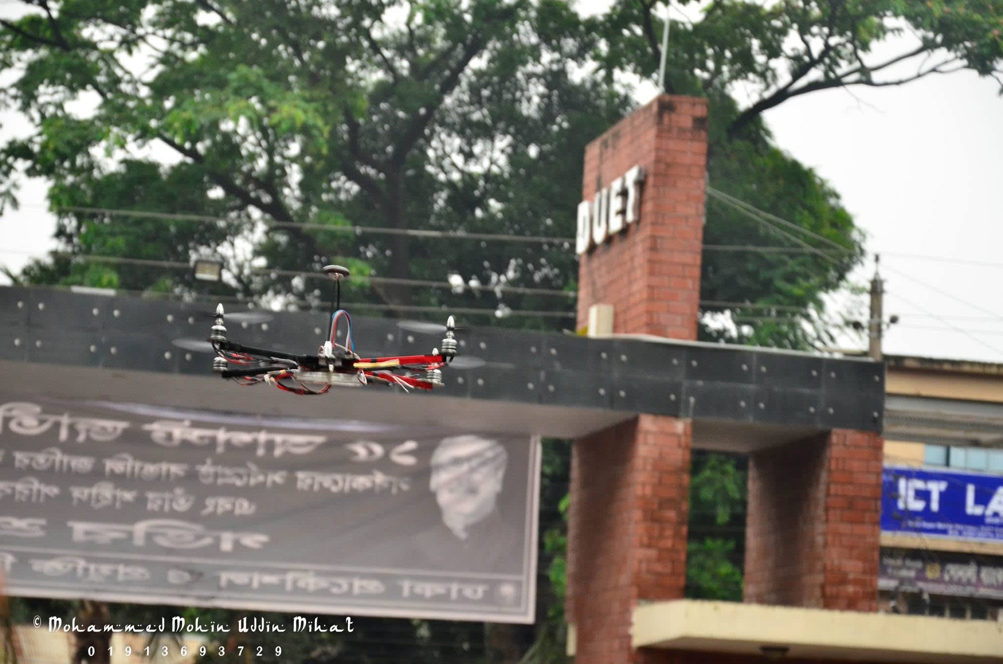 Our self-built quadcopter in flight in front of the DUET main gate, 11 August 2017. Photo: Mohammed Mohin Uddin Mihat