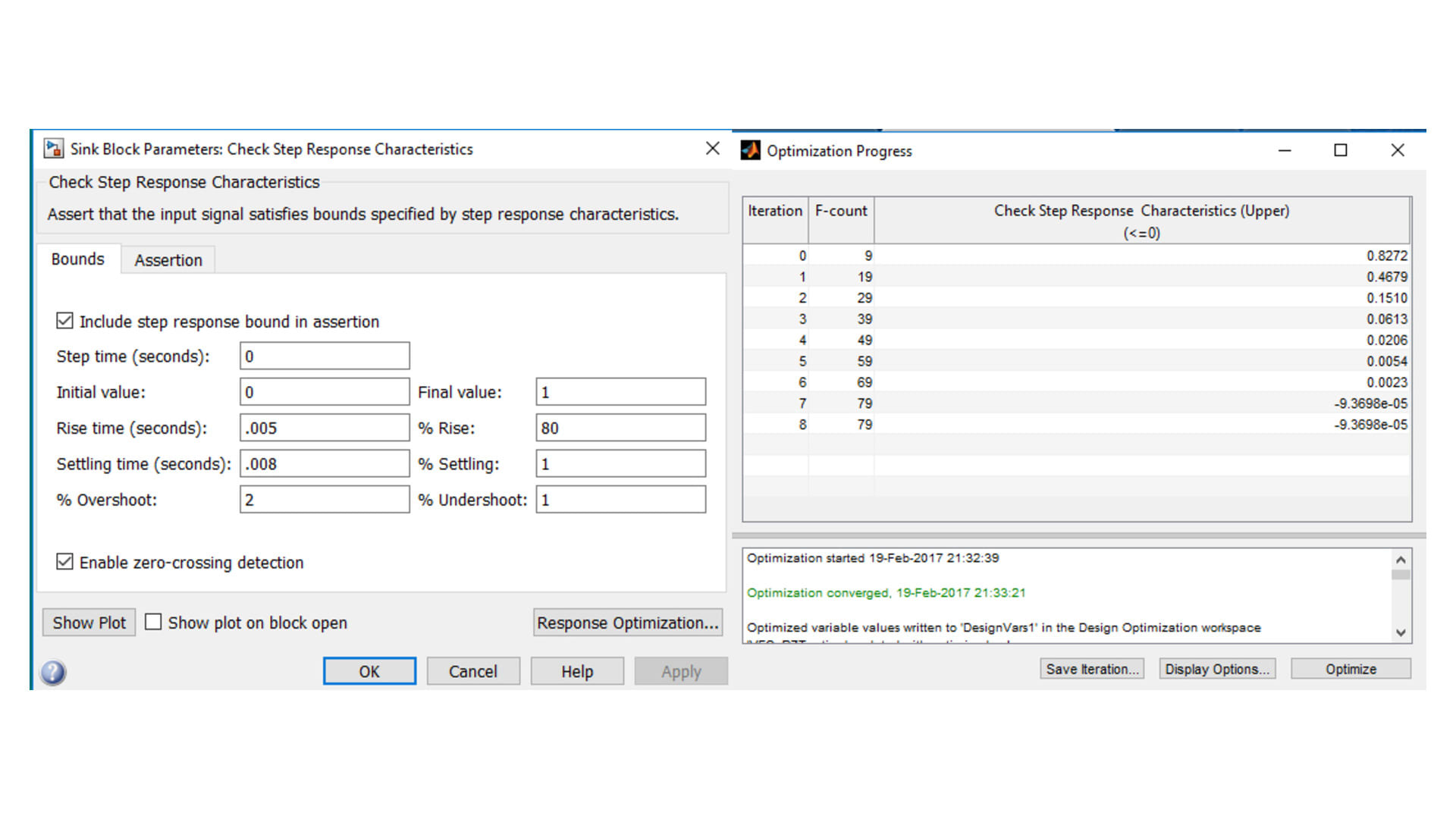 Tuning controller parameters with Simulink Design Optimization: step-response requirements and the optimisation converging
