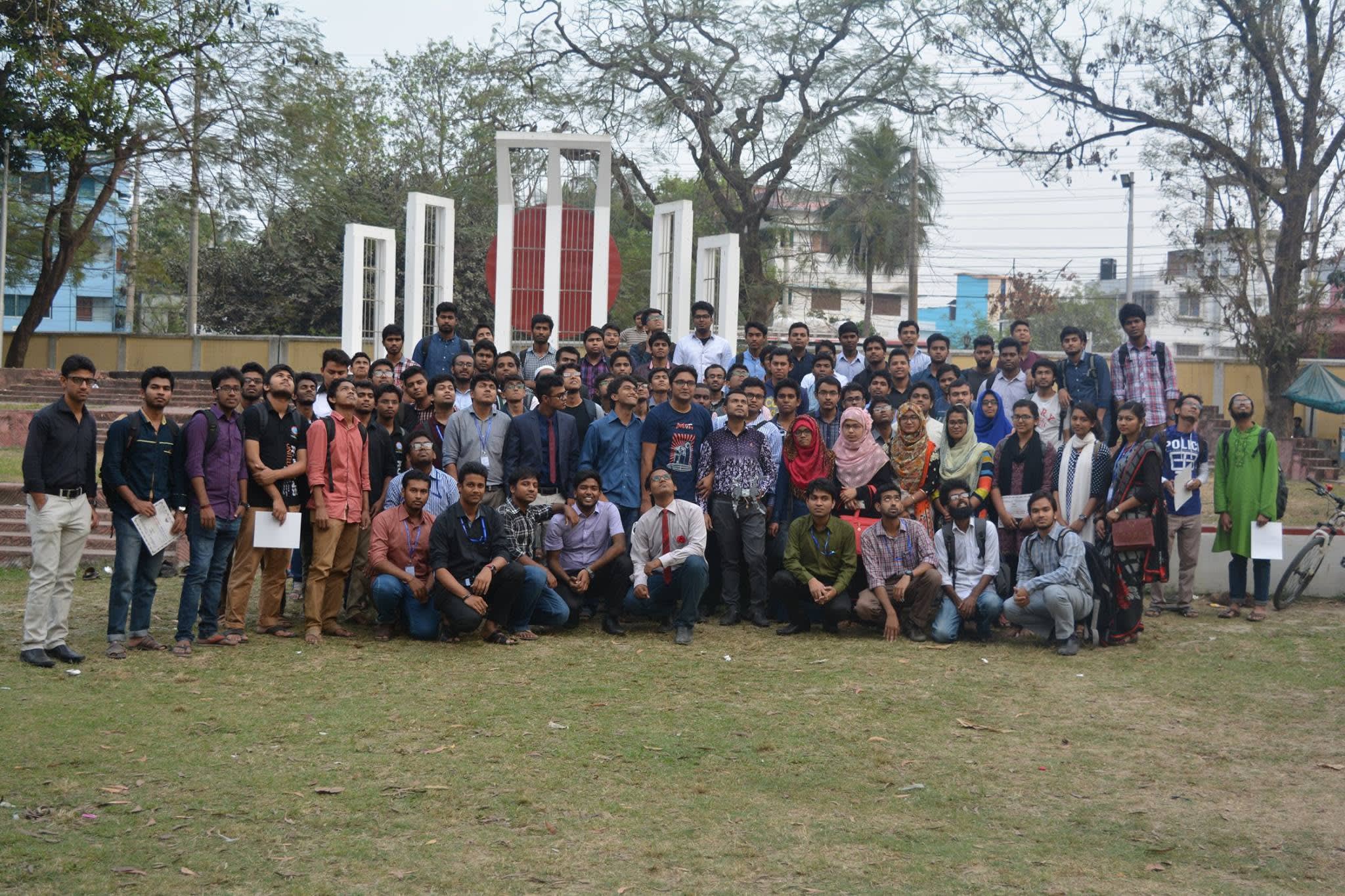 Participants of the Workshop on Making Drone with the trainers at the RUET Shaheed Minar, Rajshahi
