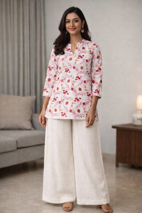Premium Cotton Blend White & Pink Floral Print Co-ord Set