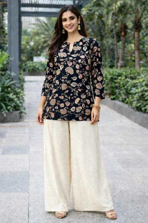 Premium Rayon Black & Cream Floral Print Co-ord Set