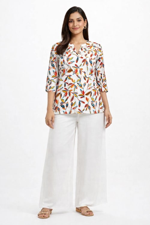 Premium Rayon White & Multicolor Leaf Print Co-ord Set