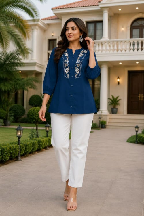 Premium Rayon Slub Navy Blue Embroidered Top with Khadi Cotton Pant Set