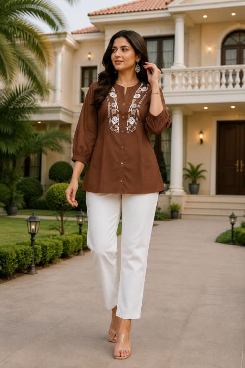 Premium Rayon Slub Chocolate Brown Embroidered Top with Khadi Cotton Pant Set