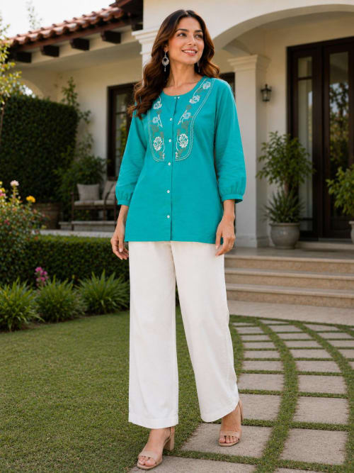 Premium Rayon Slub Turquoise Blue Embroidered Top with Khadi Cotton Pant Set