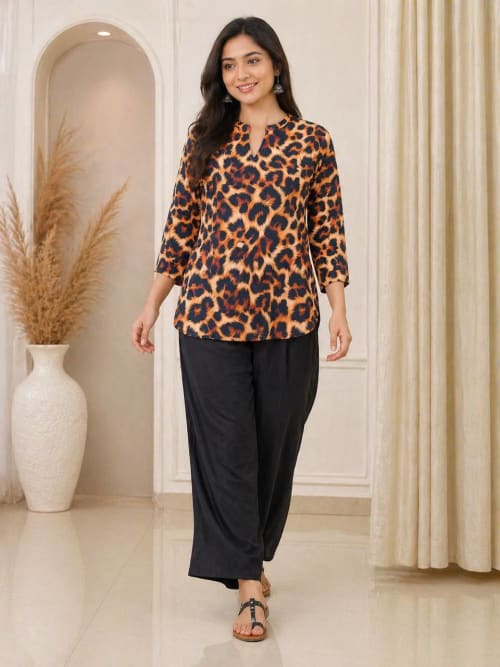 Premium Rayon Brown & Black Leopard Print Co-ord Set