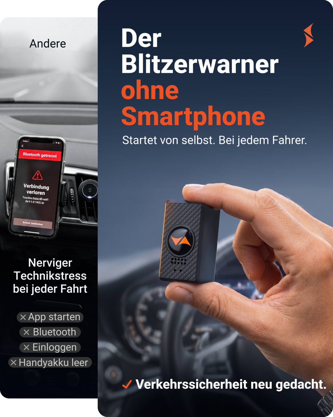 Der Blitzer- und Gefahrenwarner ohne Smartphone - startet von selbst, bei jedem Fahrer, ohne Bluetooth-Koppeln
