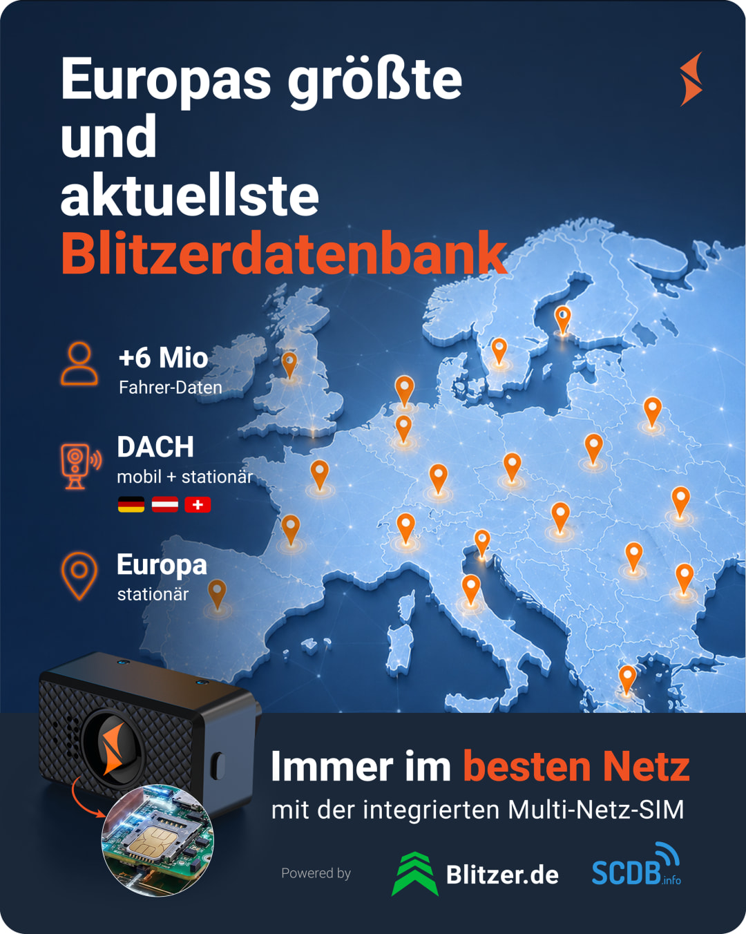 Europas größte und aktuellste Blitzerdatenbank - über 6 Mio. Fahrerdaten, mit blitzer.de und SCDB