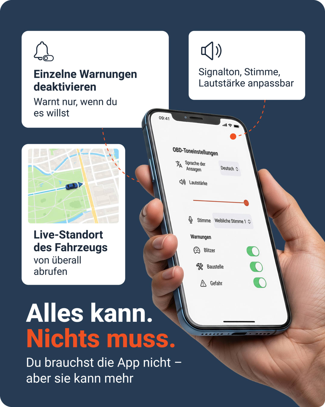 Die FINDER App - Toneinstellungen, Warnungen deaktivieren und Live-Standort; optional, kein Muss