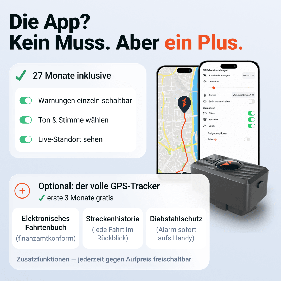 App zum PAJ Blitzer- und Gefahrenwarner: Live-Karte mit Route, OBD-Toneinstellungen, einzeln schaltbare Warnungen und optionaler GPS-Tracker