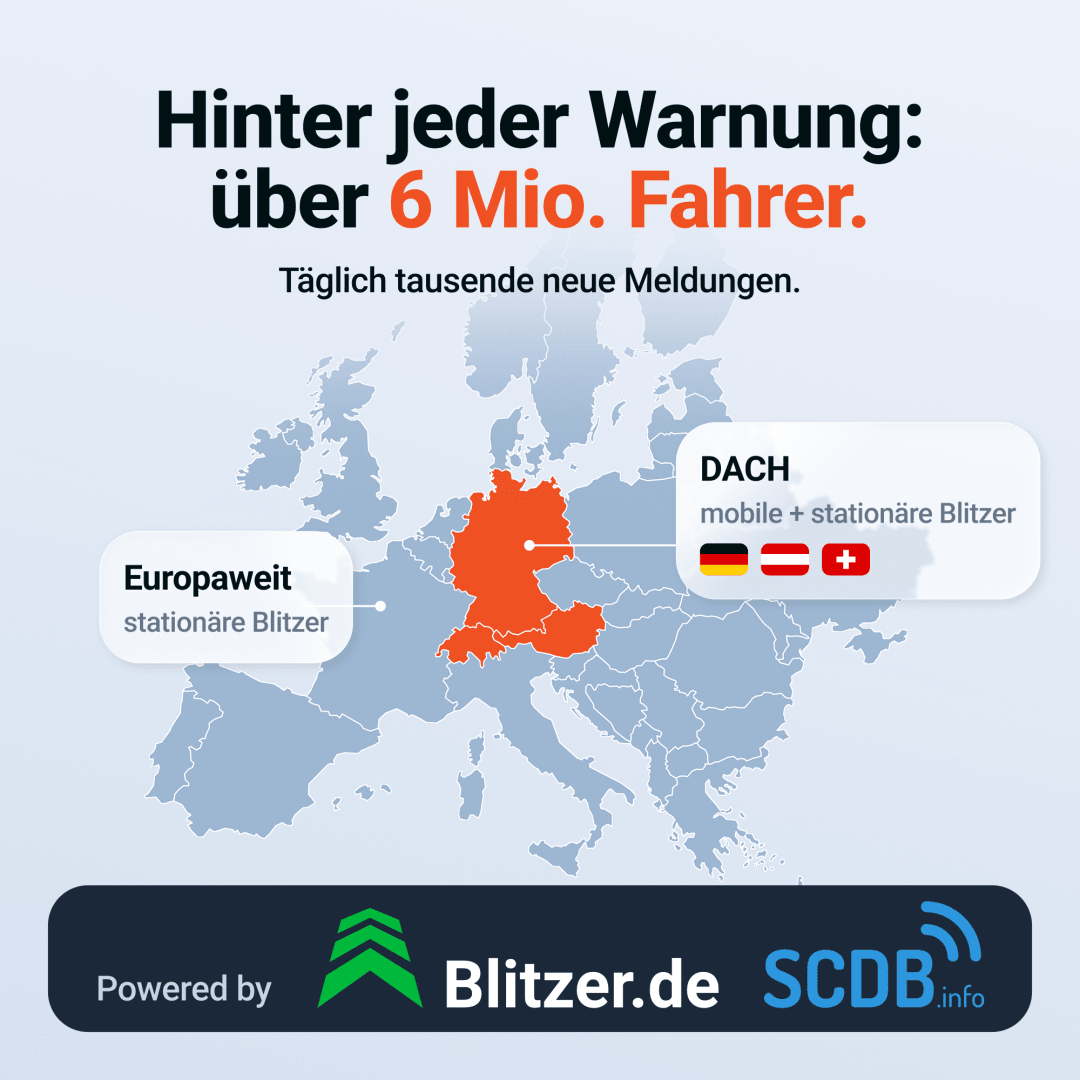 Europakarte: über 6 Mio. Fahrer melden mobile und stationäre Blitzer in DACH, europaweit stationäre – powered by Blitzer.de und SCDB
