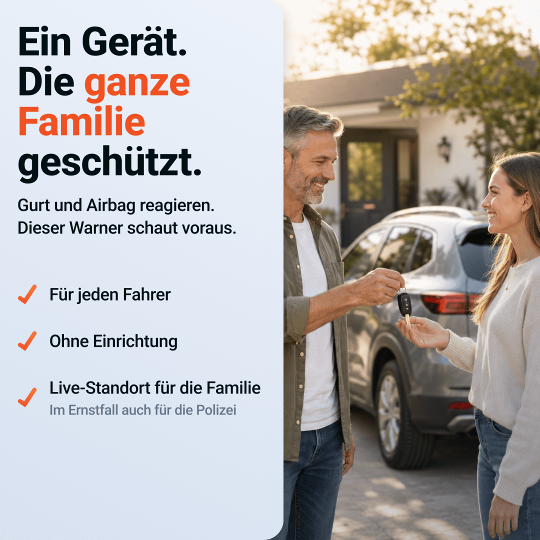 Mann übergibt einer jungen Frau den Autoschlüssel vor dem Haus – der PAJ Blitzer- und Gefahrenwarner schützt jeden Fahrer der Familie