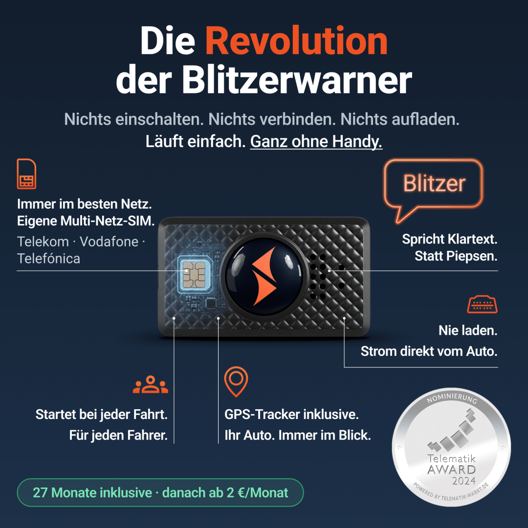 Funktionsüberblick des PAJ Blitzer- und Gefahrenwarners: eigene Multi-Netz-SIM, Sprachansage statt Piepsen, Strom aus dem Auto und GPS-Tracker