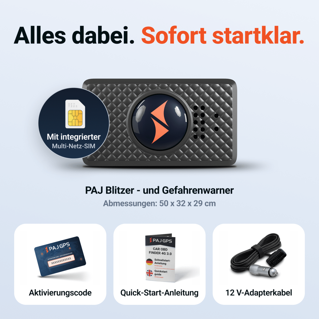 Lieferumfang des PAJ Blitzer- und Gefahrenwarners mit integrierter Multi-Netz-SIM: Aktivierungscode, Quick-Start-Anleitung und 12-V-Adapterkabel
