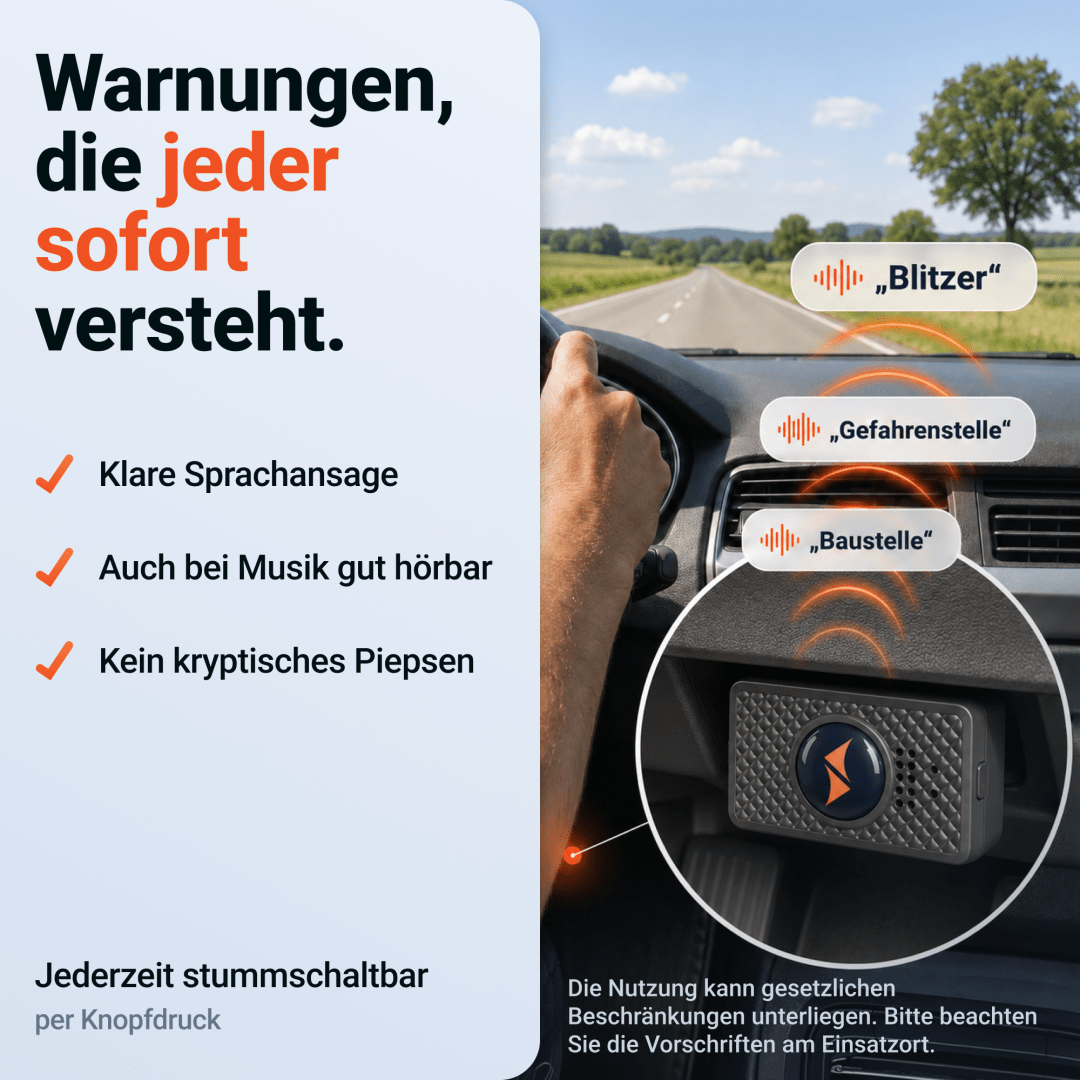 PAJ Blitzer- und Gefahrenwarner am Armaturenbrett meldet per klarer Sprachansage Blitzer, Gefahrenstelle und Baustelle – auch bei Musik gut hörbar