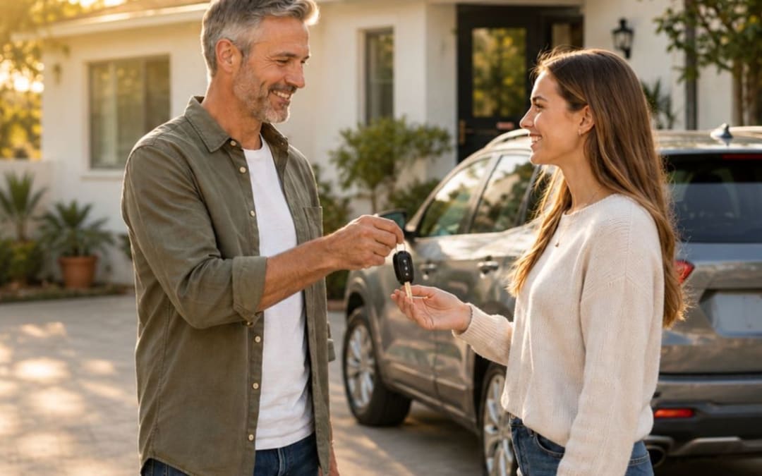 Schlüsselübergabe am Familienauto zwischen zwei Generationen