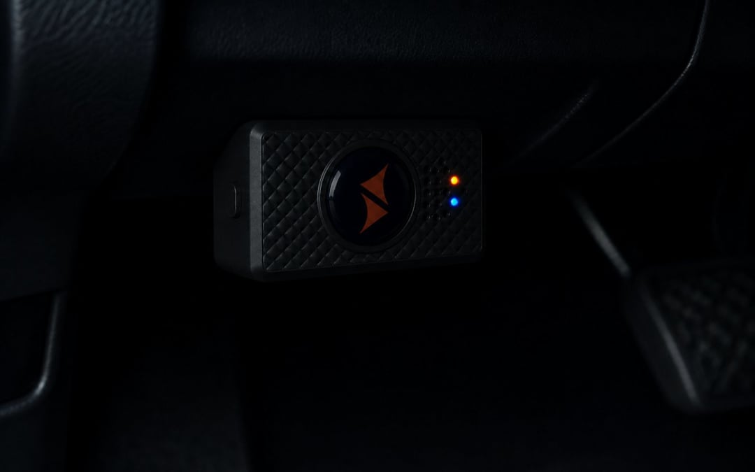 Gerät im OBD-Port mit leuchtenden LEDs für Mobilfunk und GPS