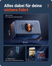 Alles dabei für die sichere Fahrt - OBD2-Stecker mit Multi-Netz-SIM (27 × 24 × 48 mm) und 12-V-Adapterkabel