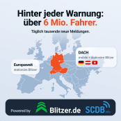 Europakarte: über 6 Mio. Fahrer melden mobile und stationäre Blitzer in DACH, europaweit stationäre – powered by Blitzer.de und SCDB