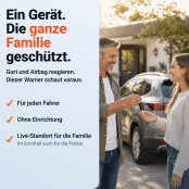 Mann übergibt einer jungen Frau den Autoschlüssel vor dem Haus – der PAJ Blitzer- und Gefahrenwarner schützt jeden Fahrer der Familie