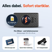 Lieferumfang des PAJ Blitzer- und Gefahrenwarners mit integrierter Multi-Netz-SIM: Aktivierungscode, Quick-Start-Anleitung und 12-V-Adapterkabel