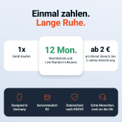 Preisübersicht des PAJ Blitzer- und Gefahrenwarners: Gerät einmal kaufen, 12 Monate Warndienste und Live-Standort inklusive, danach ab 2 € pro Monat bei 2-Jahres-Abrechnung – designed in Germany, Serverstandort EU, DSGVO-konform