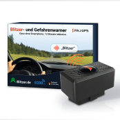 PAJ Blitzer- und Gefahrenwarner: schwarzes OBD2-Gerät neben der Produktverpackung mit Fahrszene, warnt vor Blitzern ganz ohne Smartphone – 12 Monate inklusive